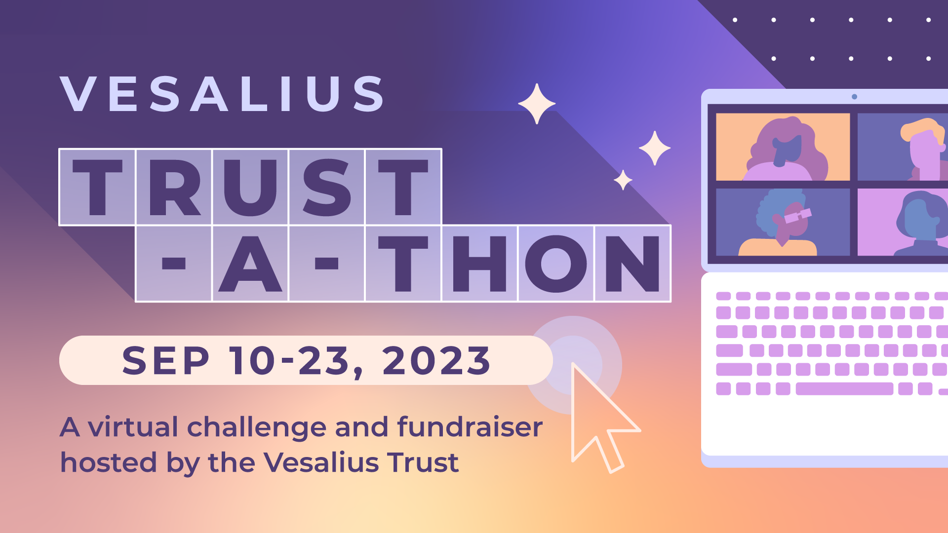 Trust-a-thon event banner. Event running from September 10 to 23, 2023. A virtual challenge and fundraiser hosted by the Vesalius Trust